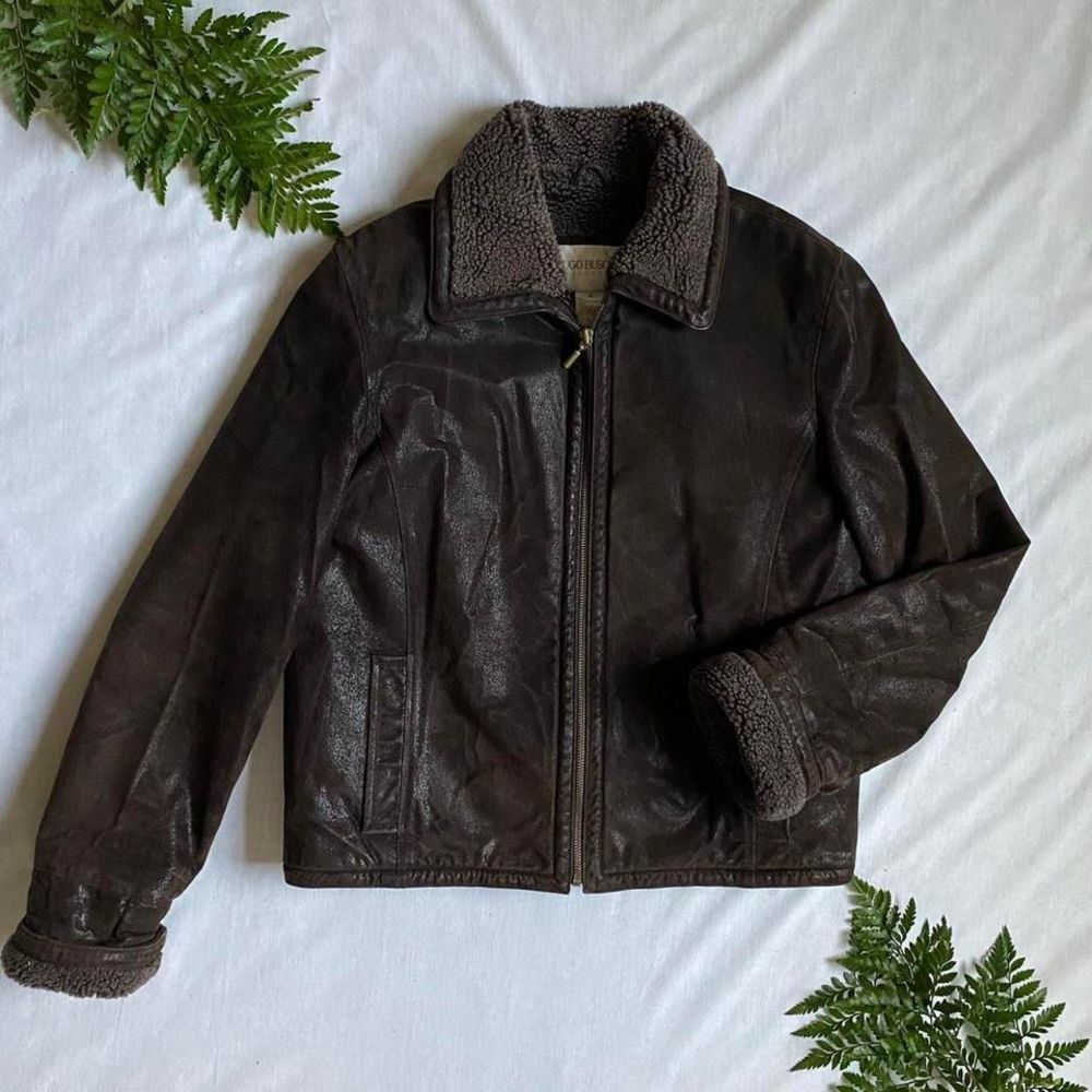 Vintage chocolate brown genuine leather coat w/faux fur lining & trim